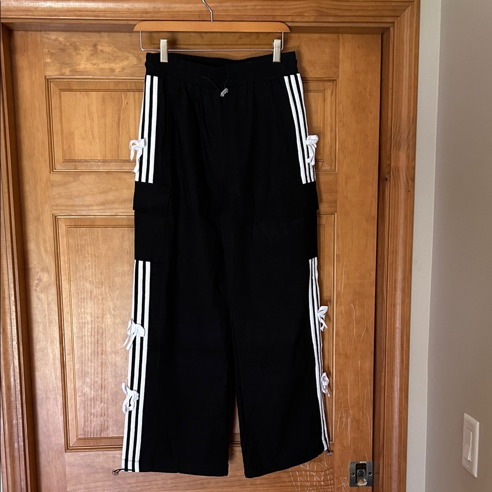 Women Black Cargo Pants with White Stripes and bows